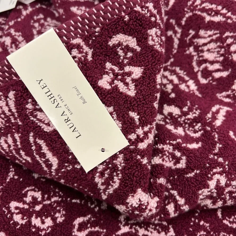 Laura Ashley Elaina Pink Floral Bath Towels Set of 2 Cotton New